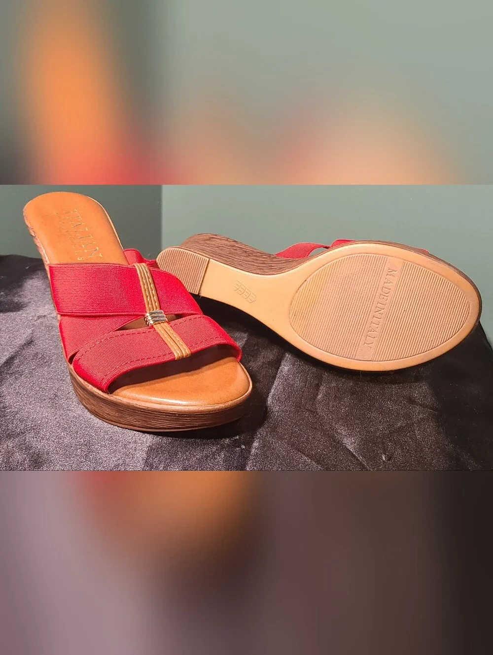 Italian Shoemakers Red Elastic Strap Wedge Sandals